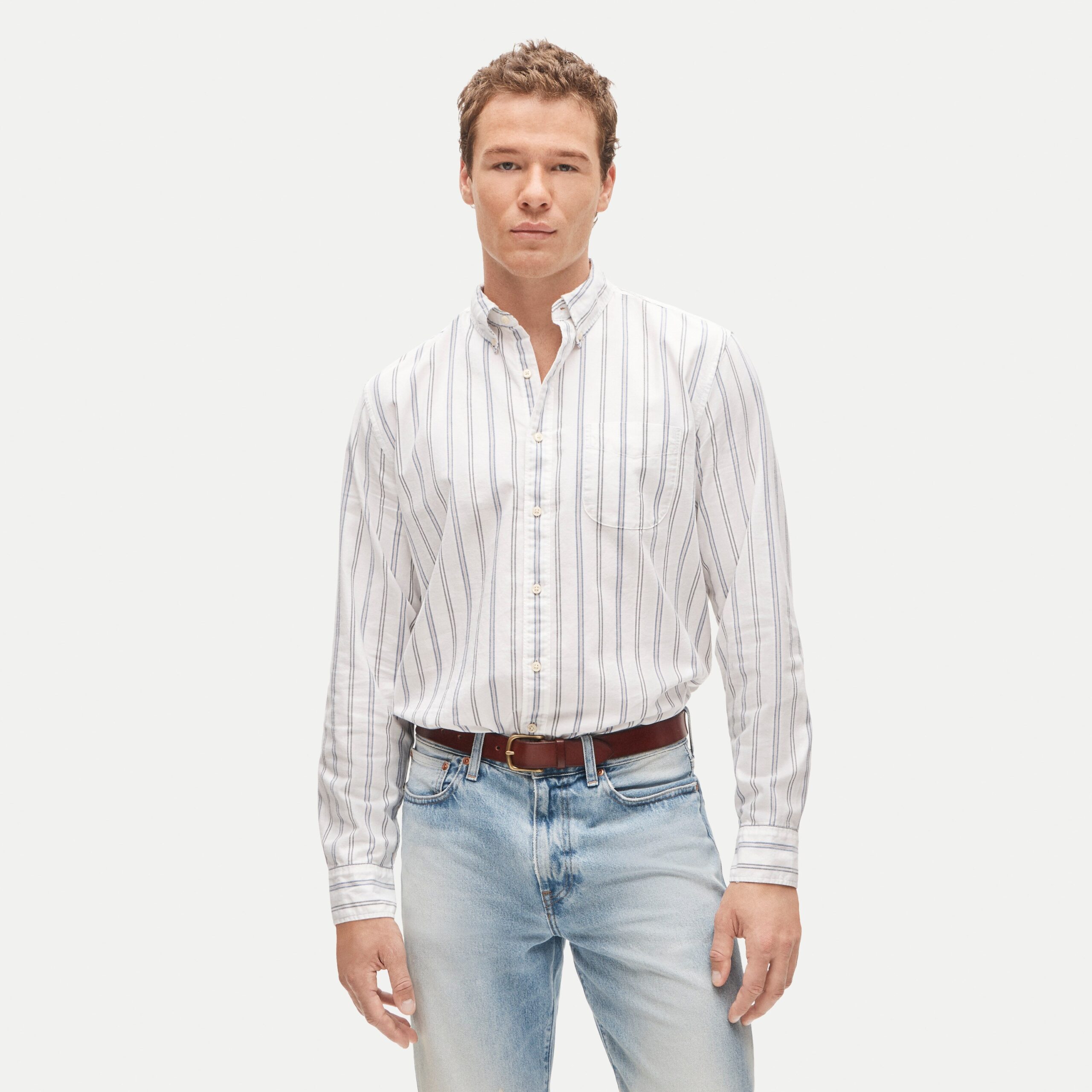 White/Blue/Gray Striped Oxford Shirt — Men's Cotton Button-Down - Image 2