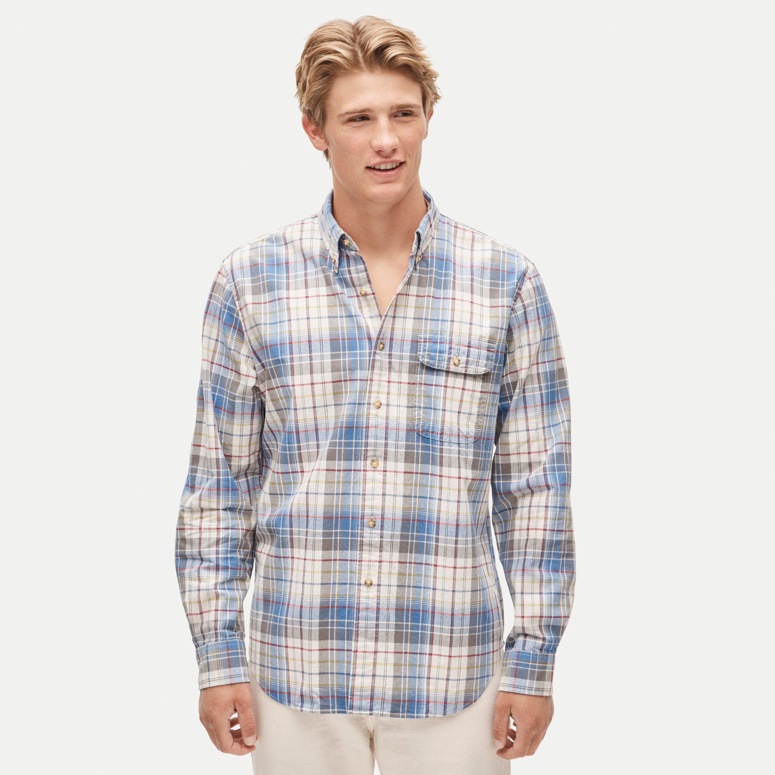 Blue/Natural/Gray Plaid Cotton Shirt — Men's Lightweight Button-Down - Image 2