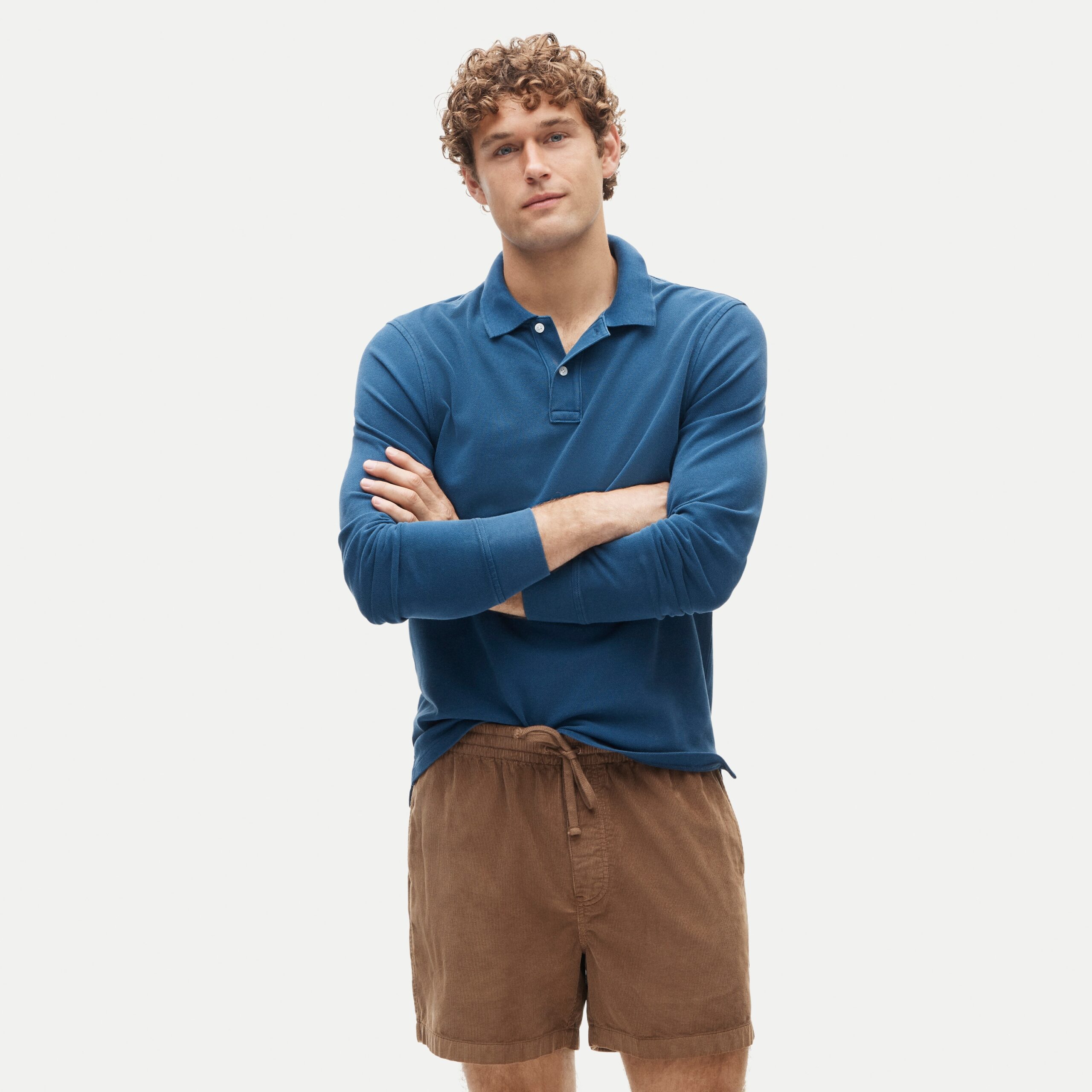 Dusky Blue Piqué Polo Shirt — Men's Long-Sleeve Washed Cotton Knit - Image 2