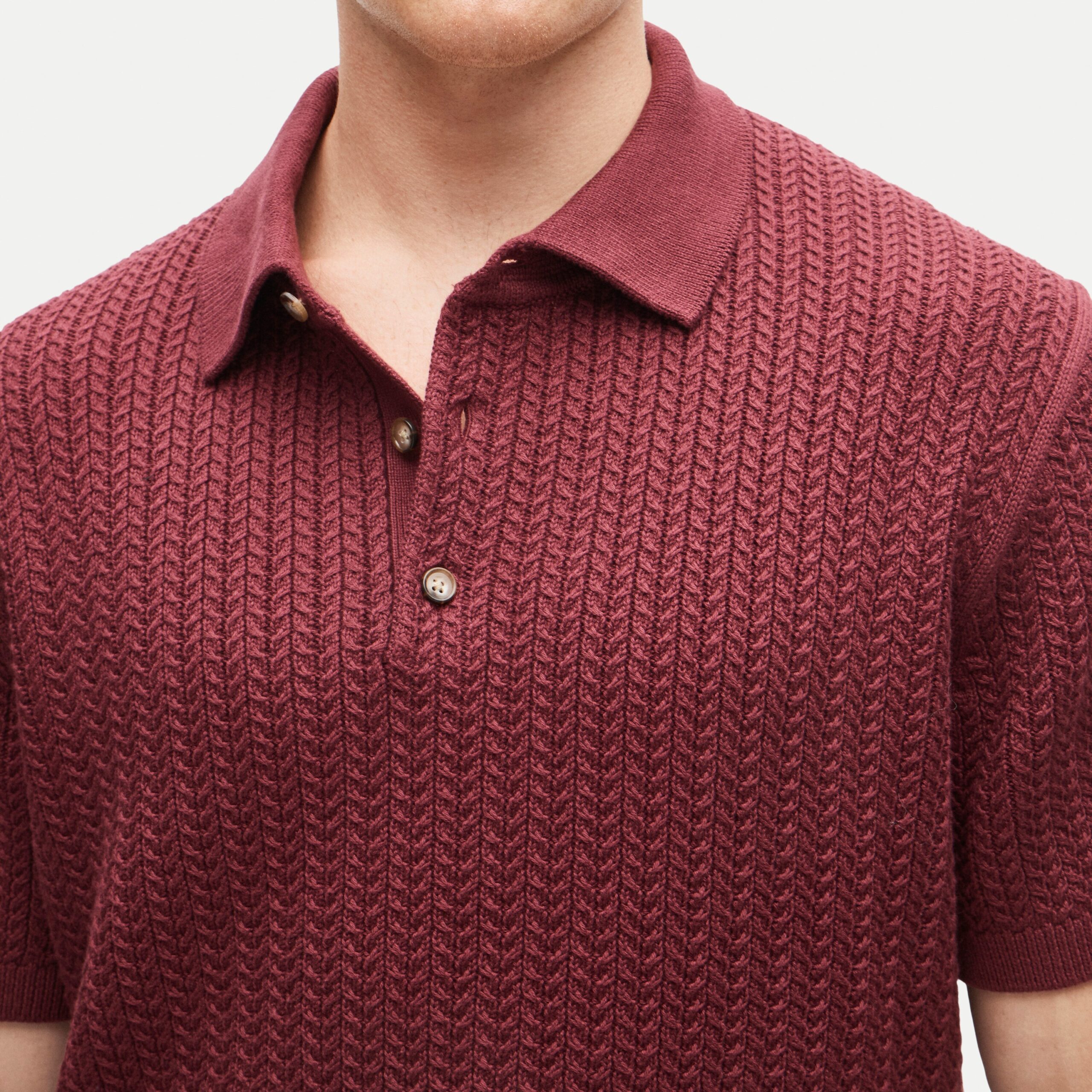Burgundy Cable-Knit Sweater-Polo — Men's Short-Sleeve Cotton Top - Image 4