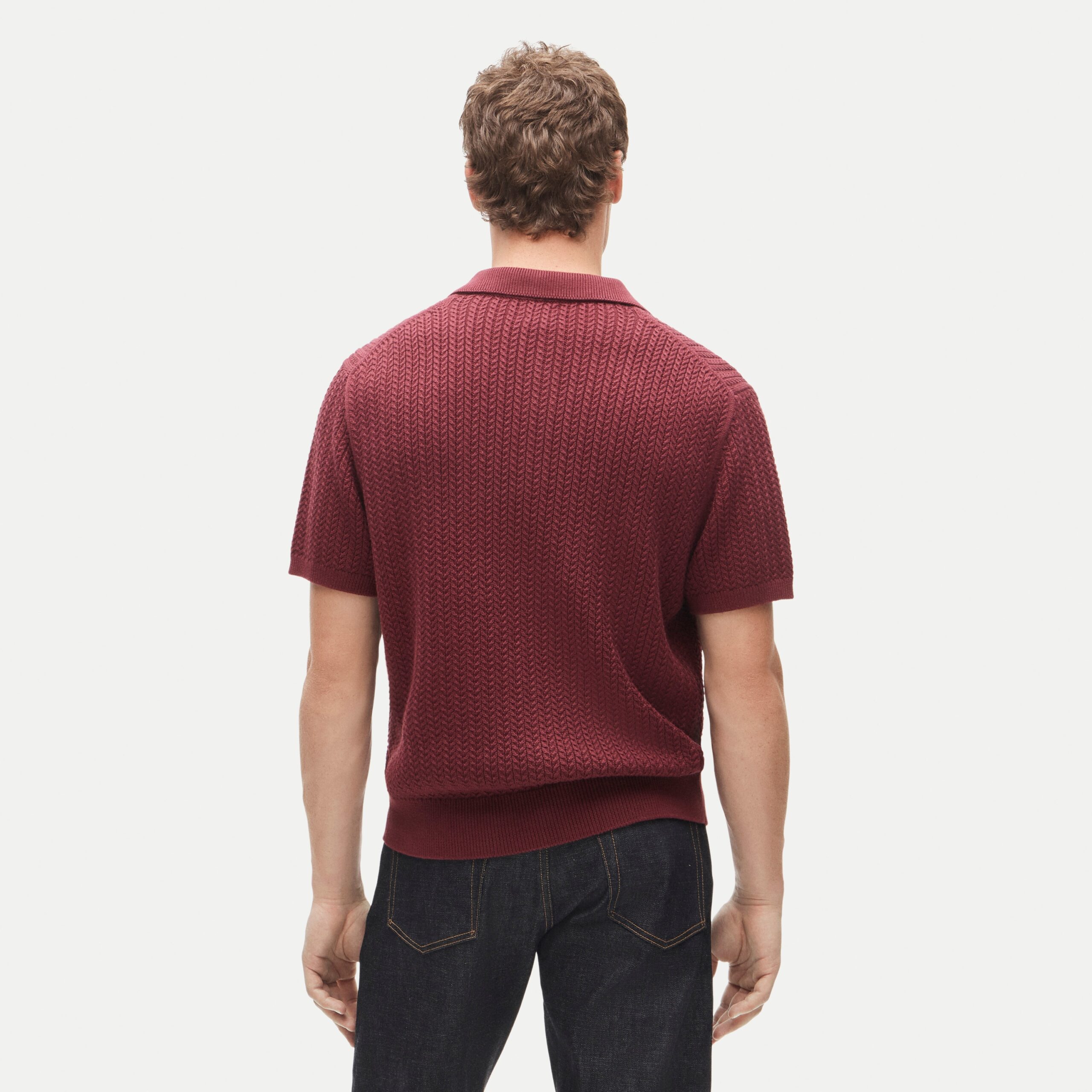 Burgundy Cable-Knit Sweater-Polo — Men's Short-Sleeve Cotton Top - Image 3