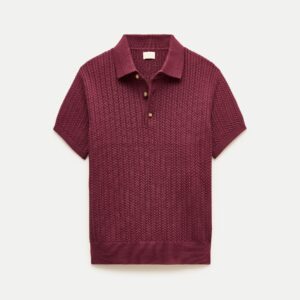 Burgundy Cable-Knit Sweater-Polo — Men's Short-Sleeve Cotton Top
