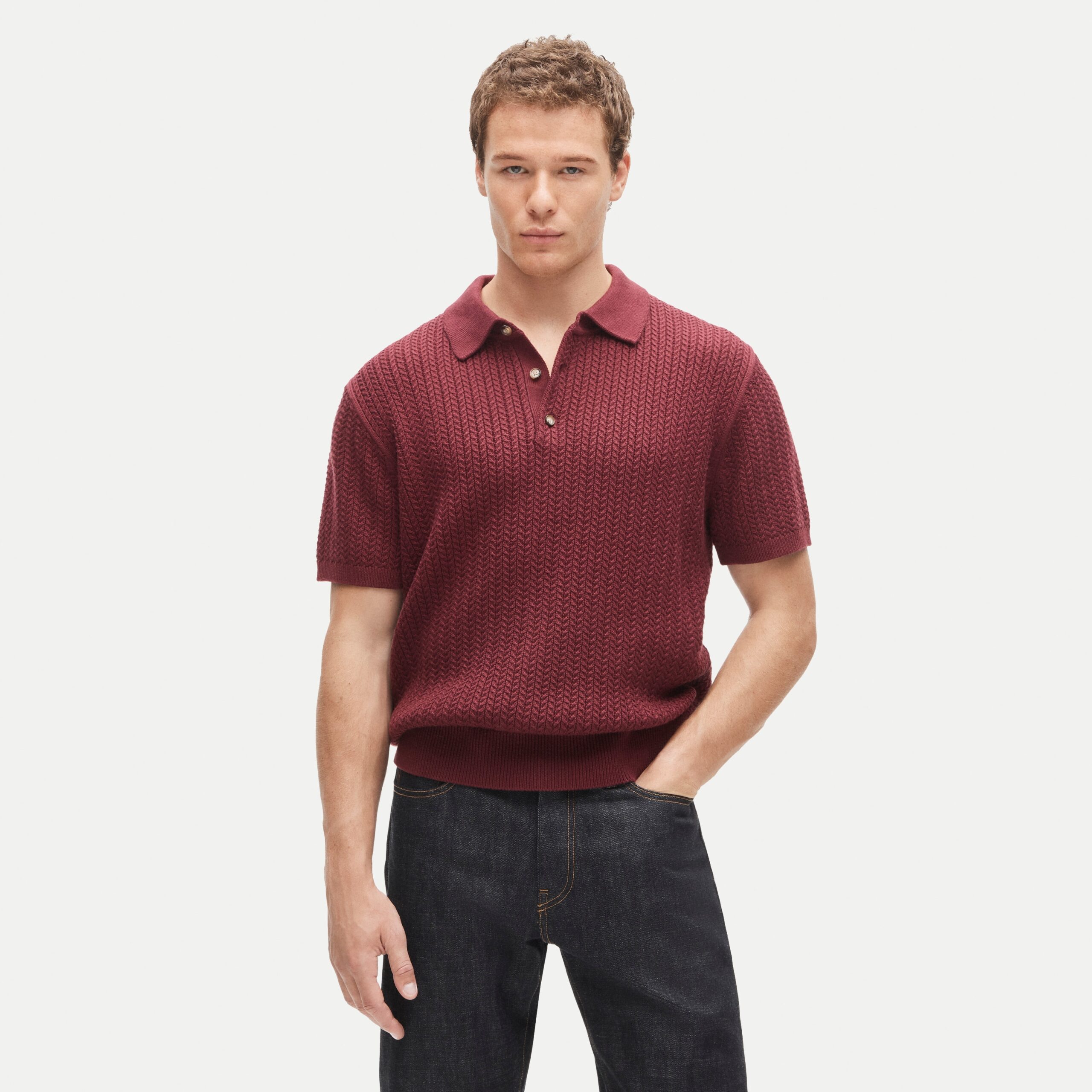 Burgundy Cable-Knit Sweater-Polo — Men's Short-Sleeve Cotton Top - Image 2